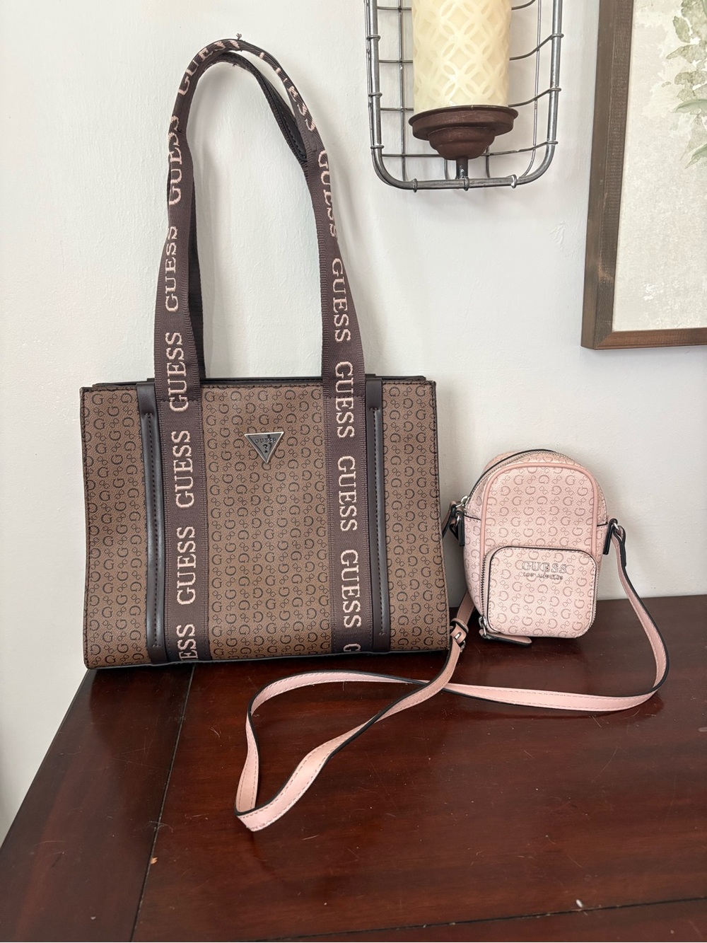 Guess 2 Purse Lot-Mocha/Pink  Oxnard Tote Purse & Pink El Dorado Crossbody Purse
